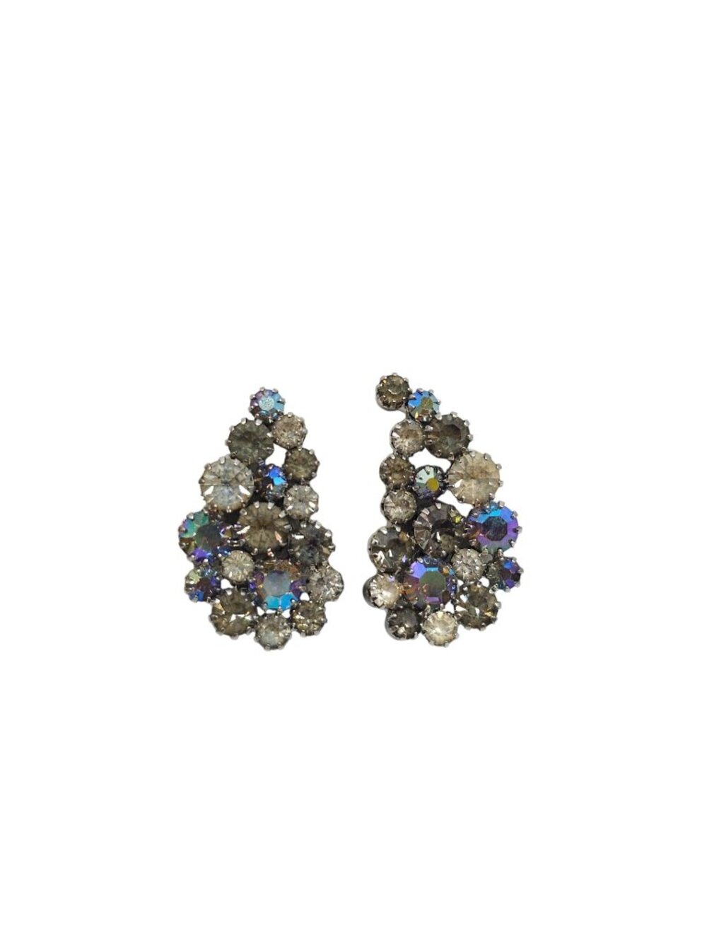 Vintage Gray Aurora Borealis Rhinestone Clip-On Earrings Sparkling READ ME